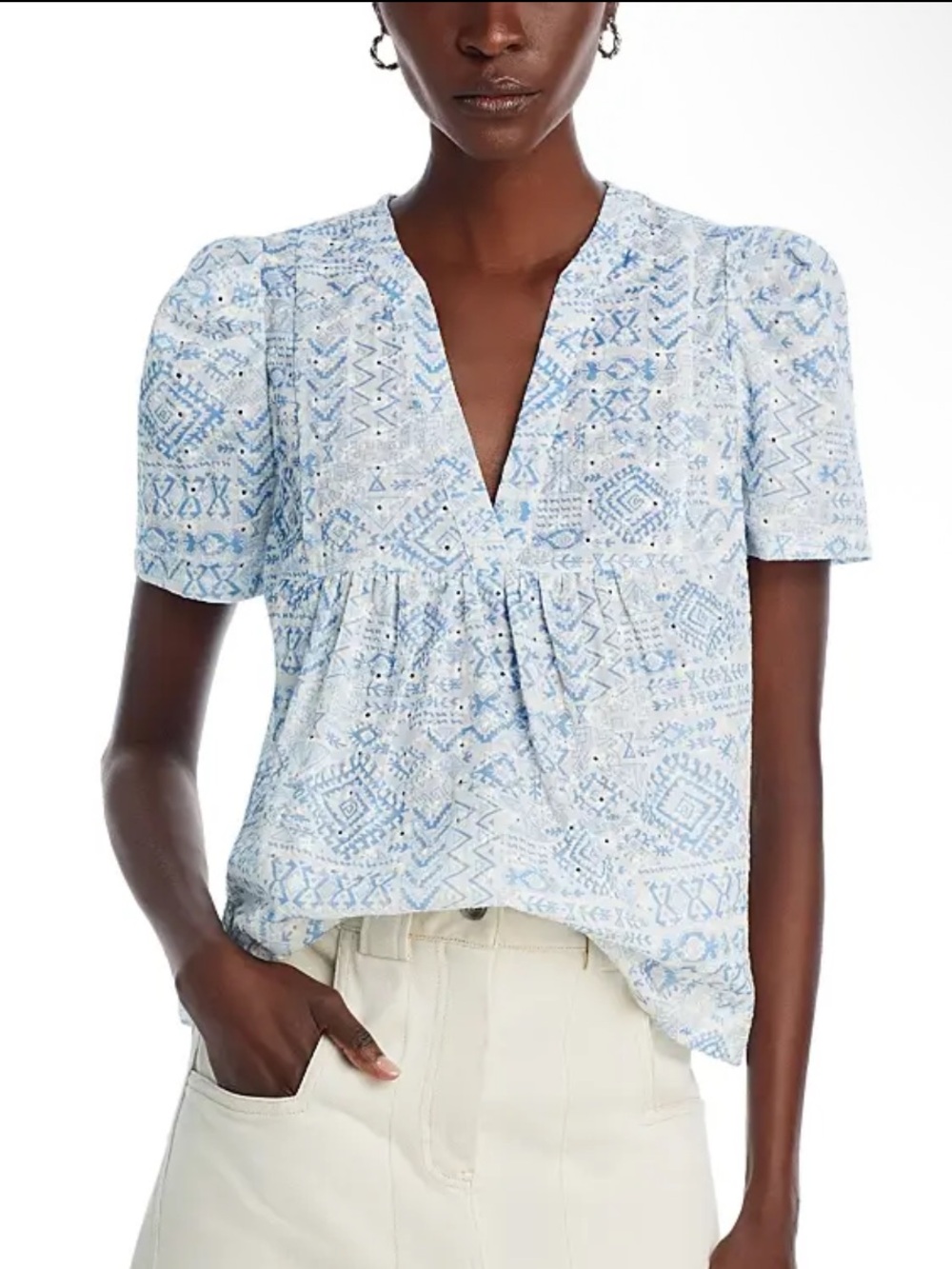Aqua Eyelet Puff Sleeve Printed Peasant Top